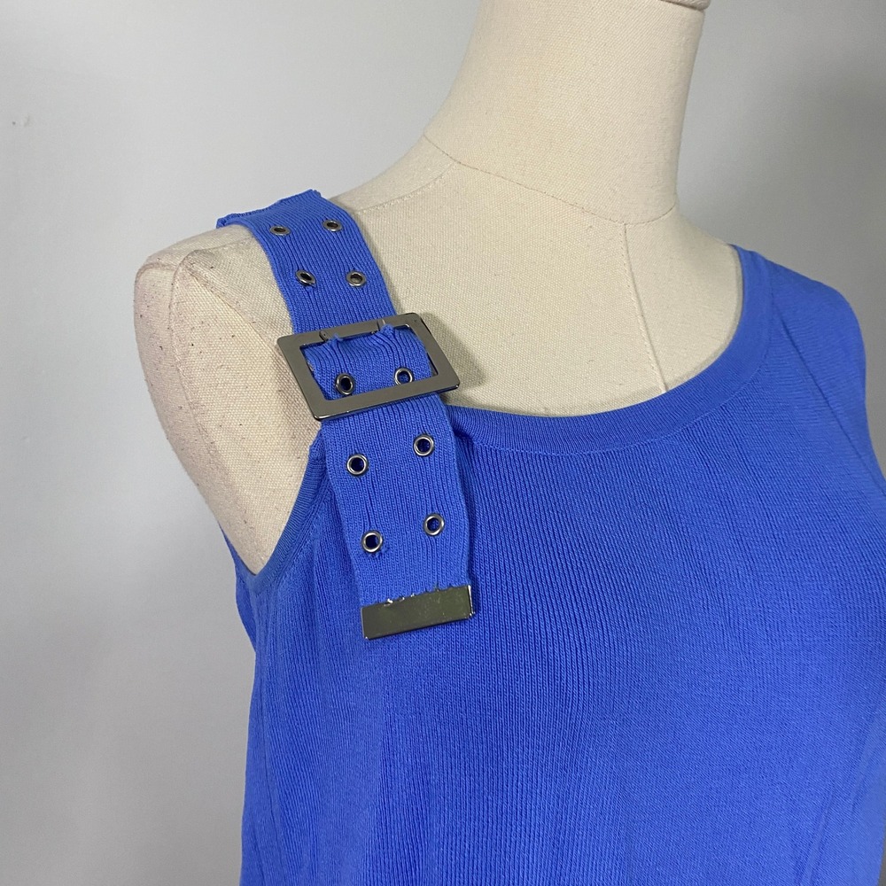 Vintage 90s Joseph A Large Cobalt Blue Ribbed Asymmetrical Buckle Strap Tank Top - Picture 2 of 9